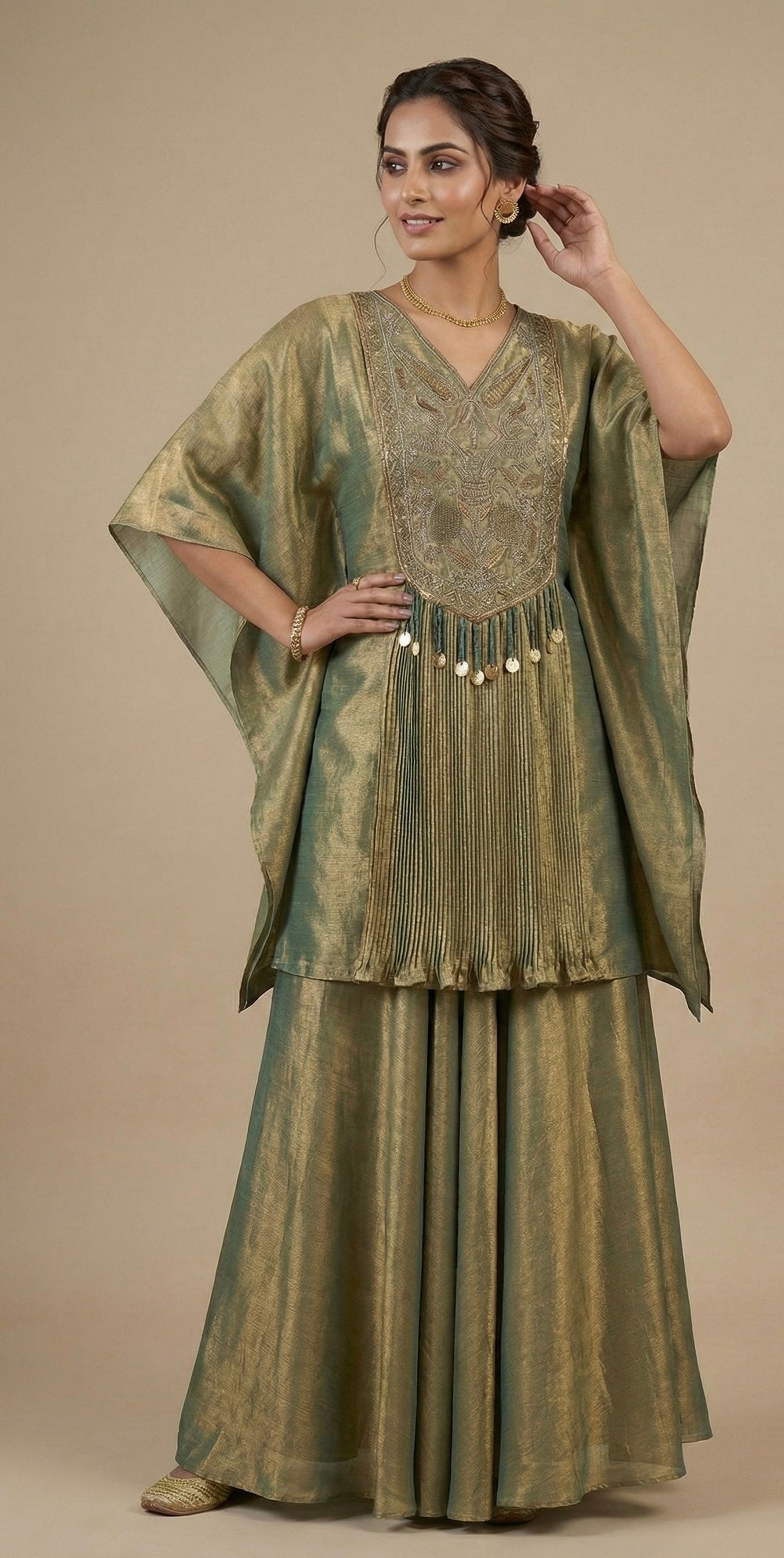 Olive Green Hand Embroidered Kaftan Kurta with Palazzo Set