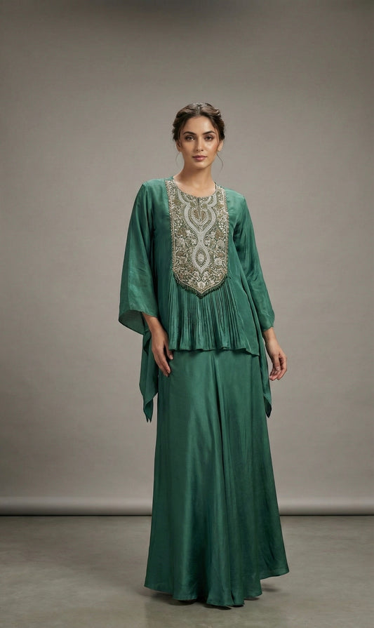 Emerald Green Hand Embroidered Kaftan Style Kurta Palazzo Set