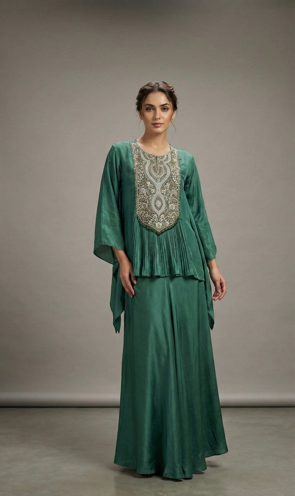 Emerald Green Hand Embroidered Kaftan Style Kurta Palazzo Set
