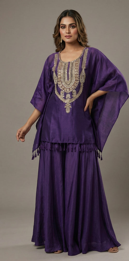 Royal Purple Hand Embroidered Kaftan Kurta Set with Flared Palazzo