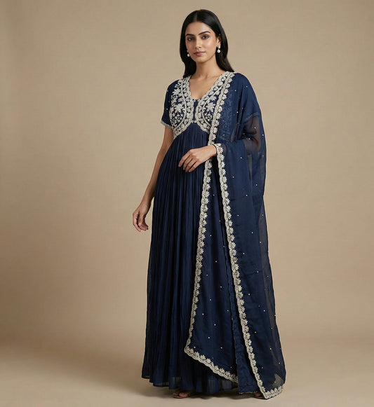 Navy Blue Hand Embroidered Anarkali Gown with Dupatta