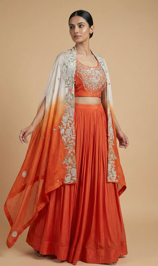 Burnt Orange Hand Embroidered Cape Set