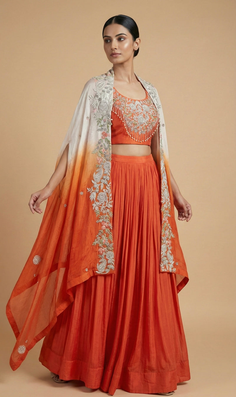 Burnt Orange Hand Embroidered Cape Set