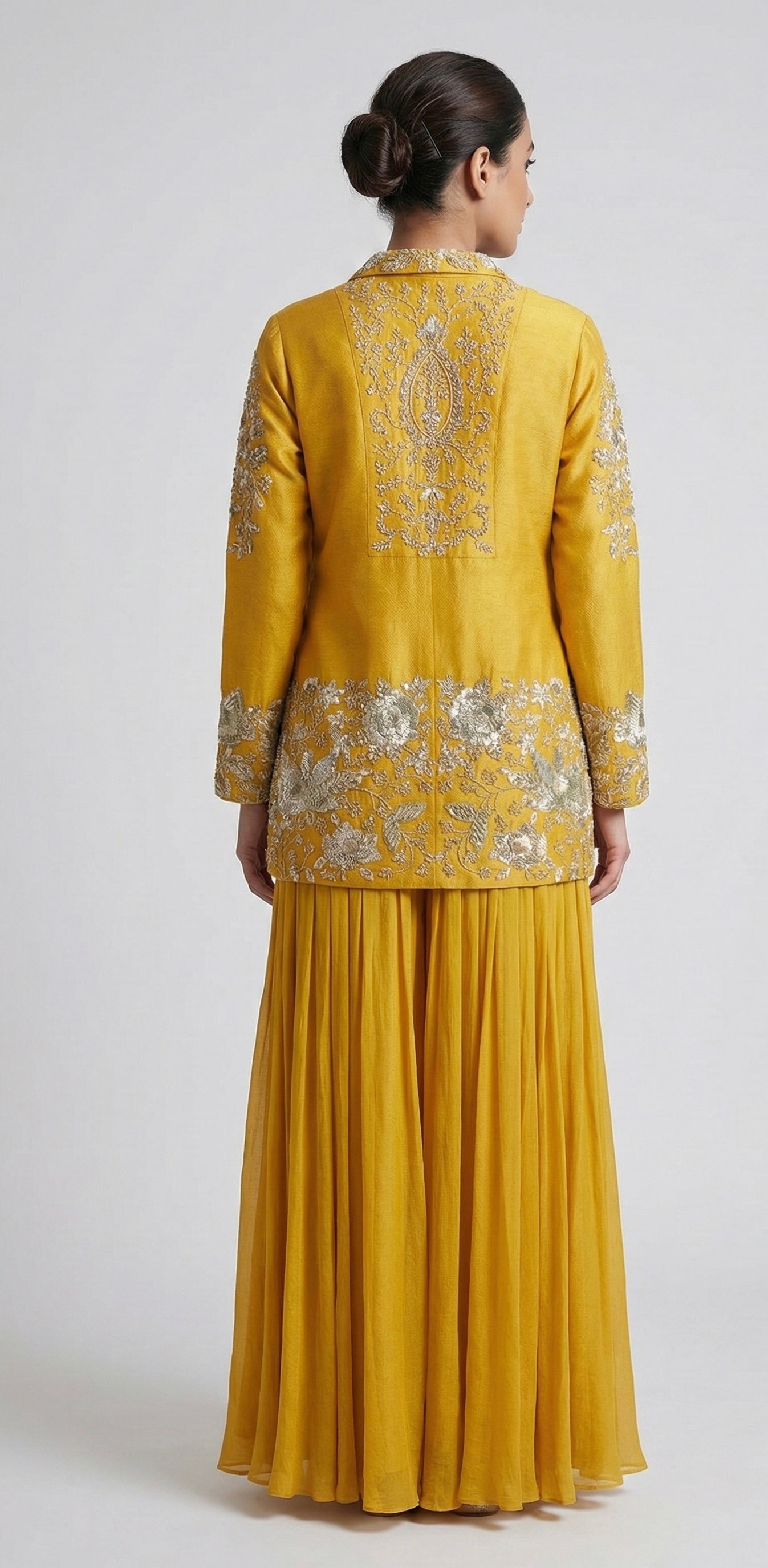 Mustard Yellow Hand-Embroidered Jacket Sharara Set