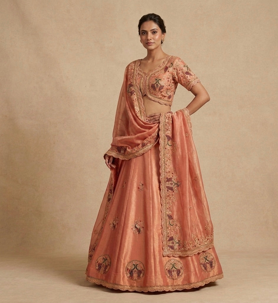 Peach Hand Embroidered Bridal Lehenga with Blouse & Dupatta