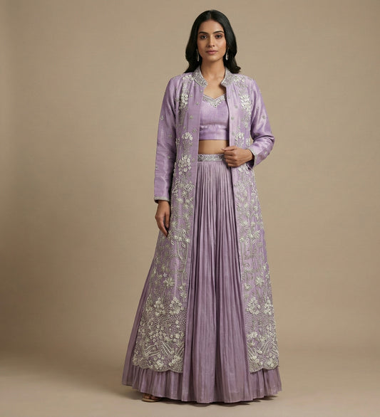 Lavender Hand Embroidered Jacket Style Indo-Western Sets