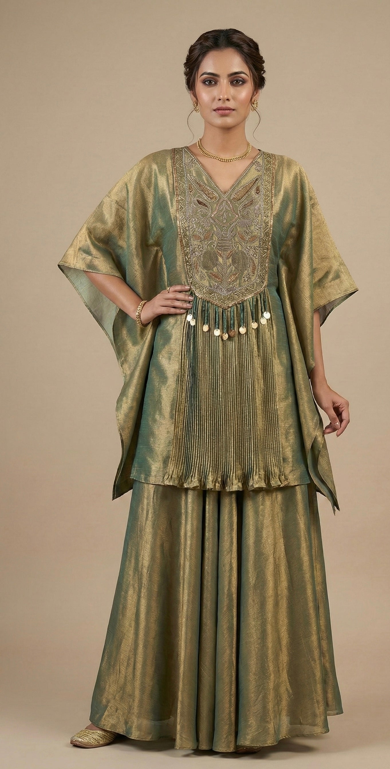 Olive Green Hand Embroidered Kaftan Kurta with Palazzo Set