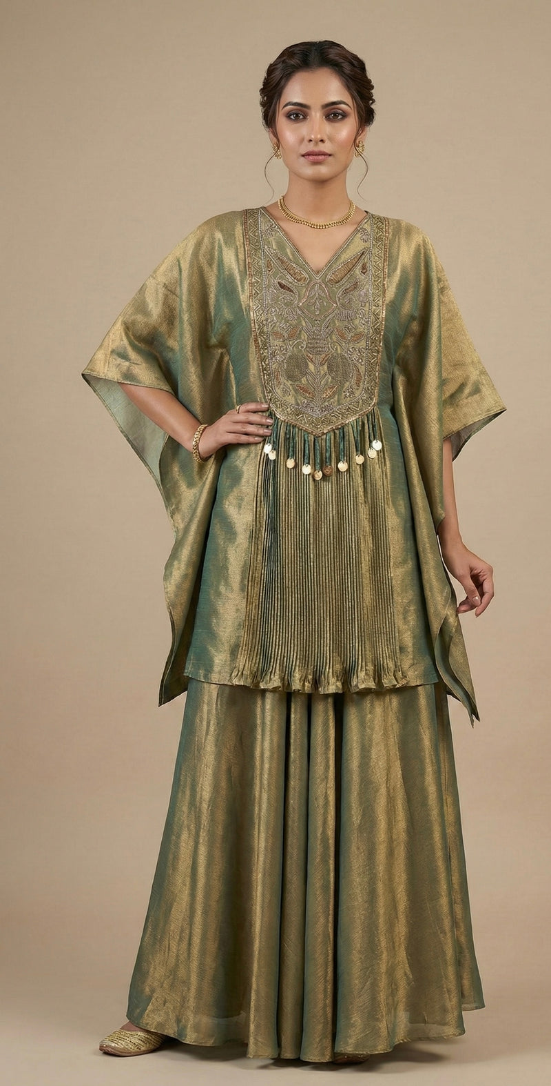 Olive Green Hand Embroidered Kaftan Kurta with Palazzo Set