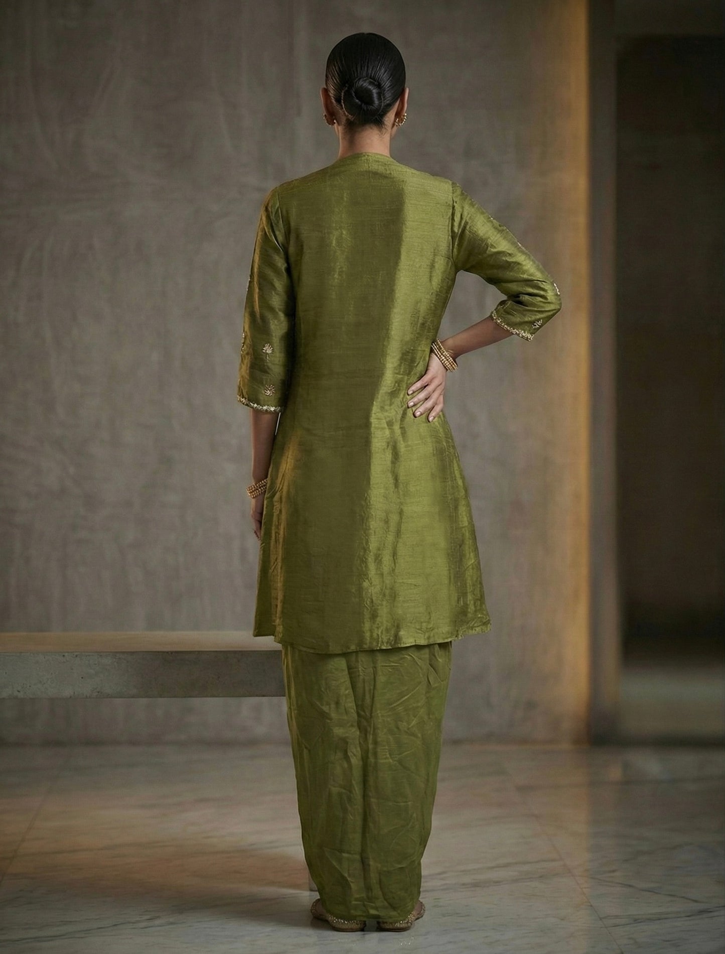 Olive Green Hand Embroidered Jacket Style Indo-western Set