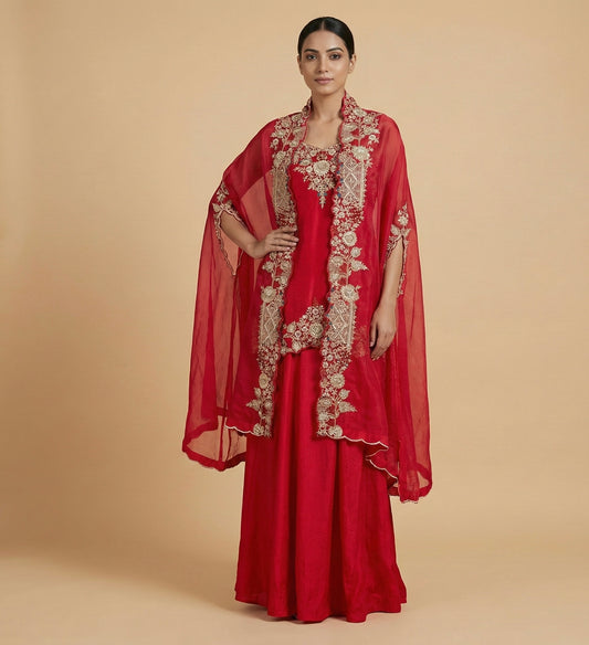 Red Hand Embroidered Indo-western Set with Cape