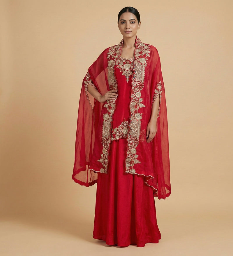 Red Hand Embroidered Indo-western Set with Cape