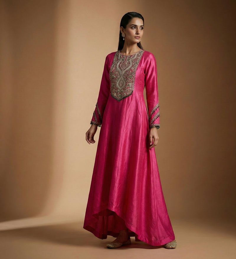 Pink Long Anarkali with Detailed Neck Hand Embroidery