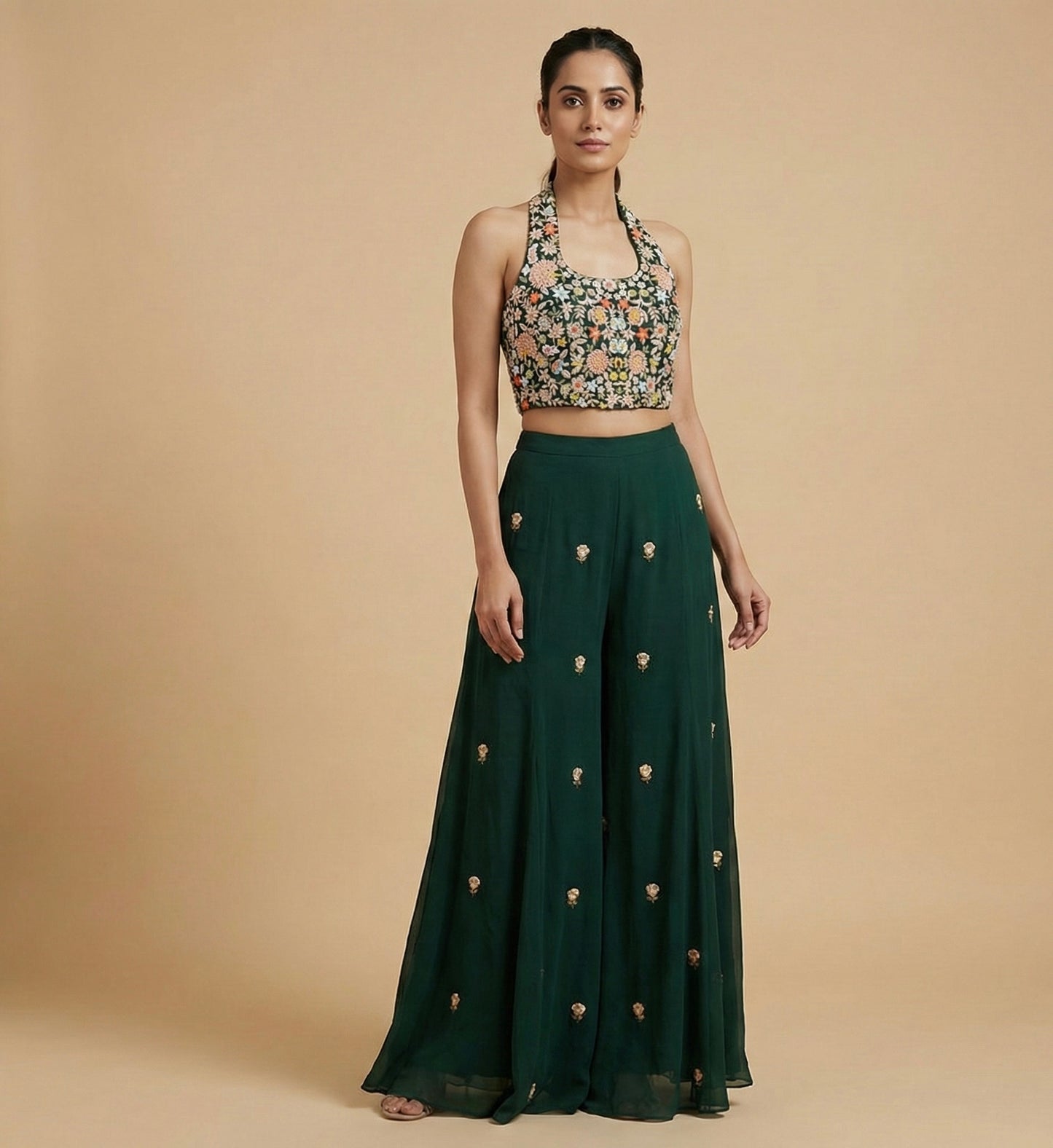Green Hand Embroidered Halter Neck Crop Top Palazzo Set