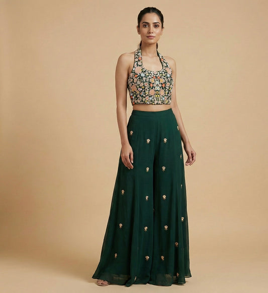 Green Hand Embroidered Halter Neck Crop Top Palazzo Set
