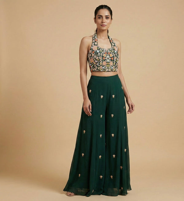 Green Hand Embroidered Halter Neck Crop Top Palazzo Set