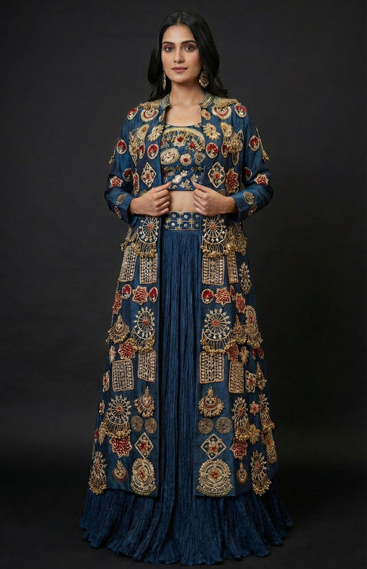 Teal Blue Embroidered Lenhenga Set with Long Jacket