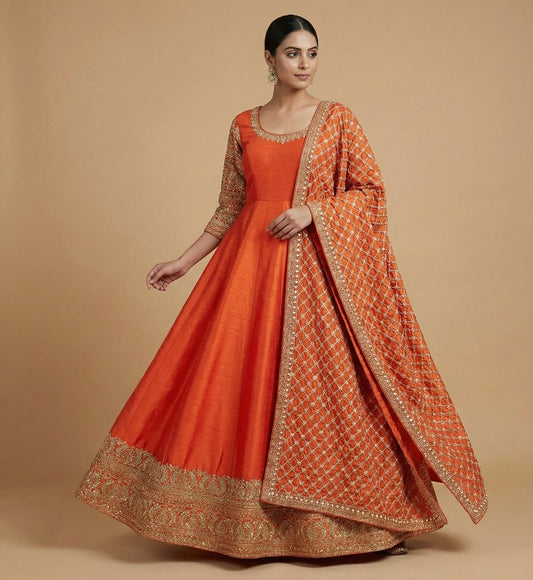 Festive Orange Hand Embroidered Anarkali Set