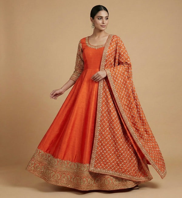 Festive Orange Hand Embroidered Anarkali Set