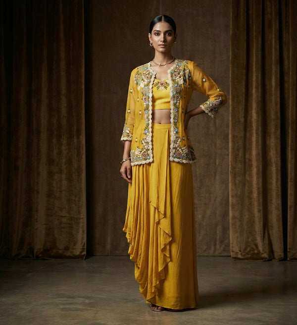 Mustard Yellow Hand Embroidered Jacket Indo-Western Set