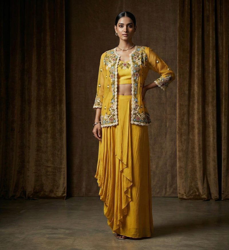 Mustard Yellow Hand Embroidered Jacket Indo-Western Set