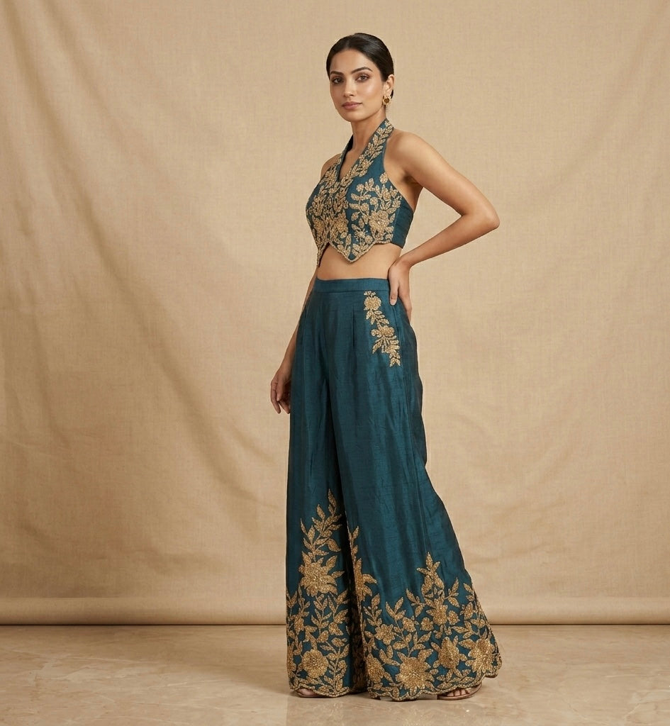 Teal blue hand embroidery co ords set