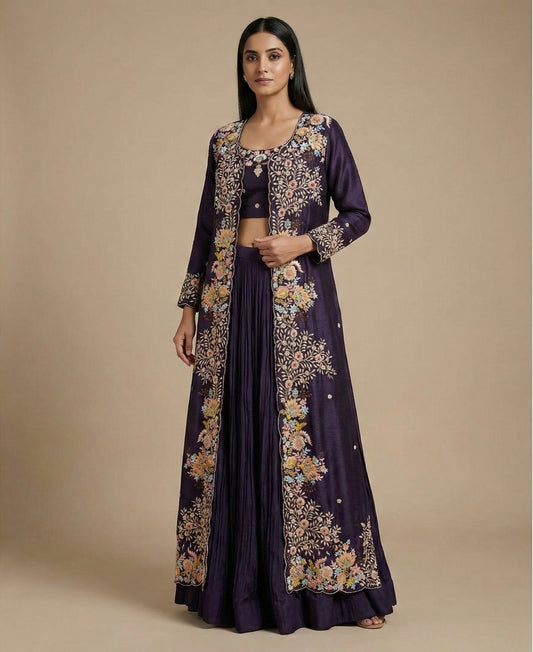 Royal Purple Hand Embroidered Jacket Indo-western Set
