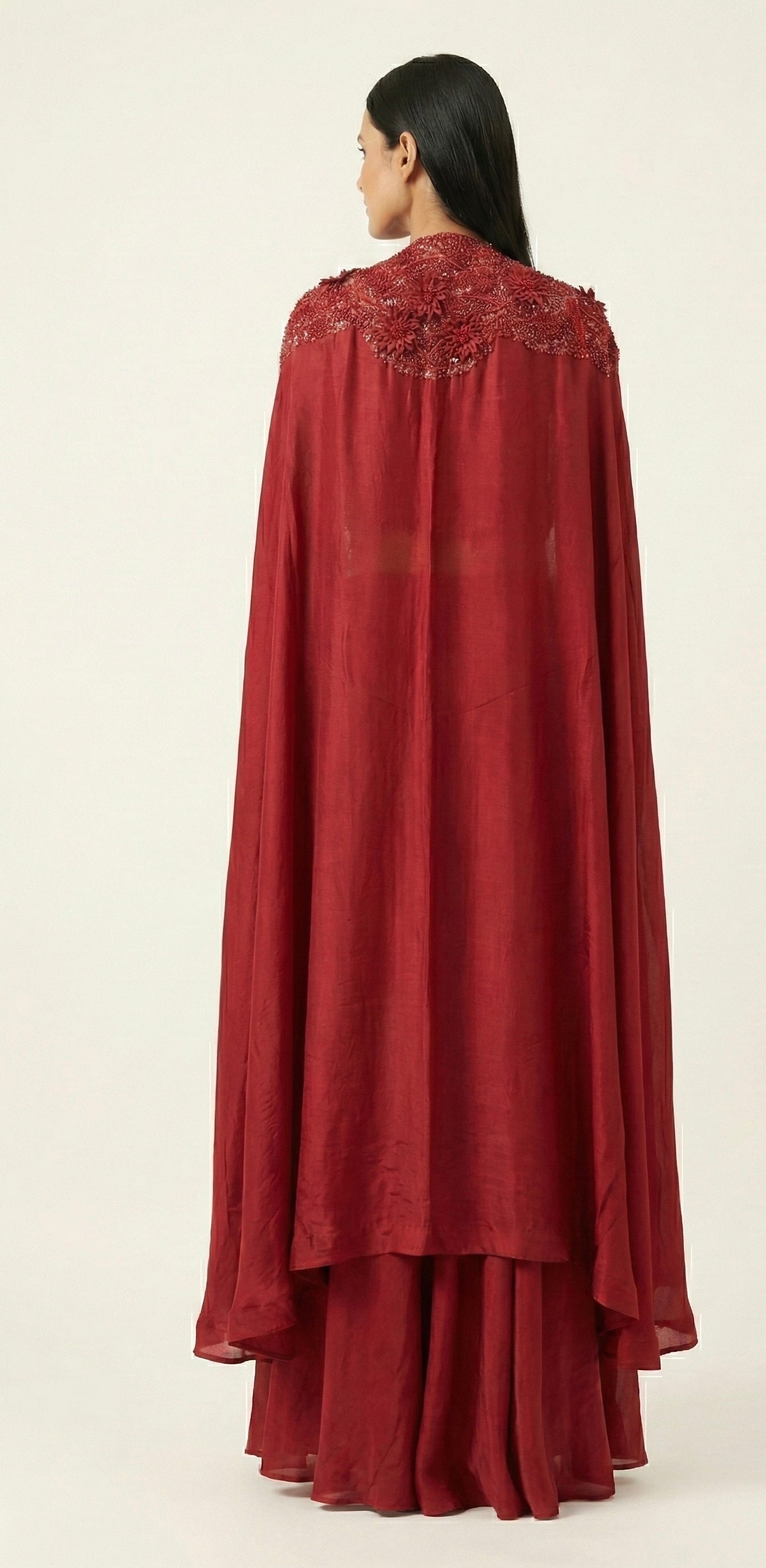 Ruby Red Embroidered Cape Lehenga Set