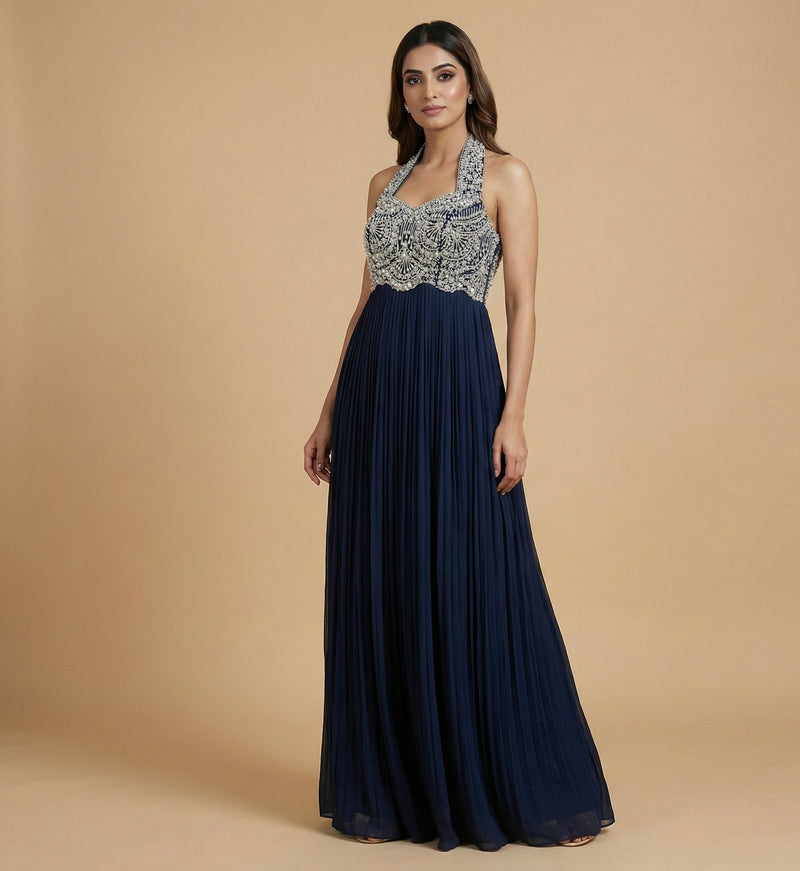 Navy Blue Embellished Halter Neck Gown