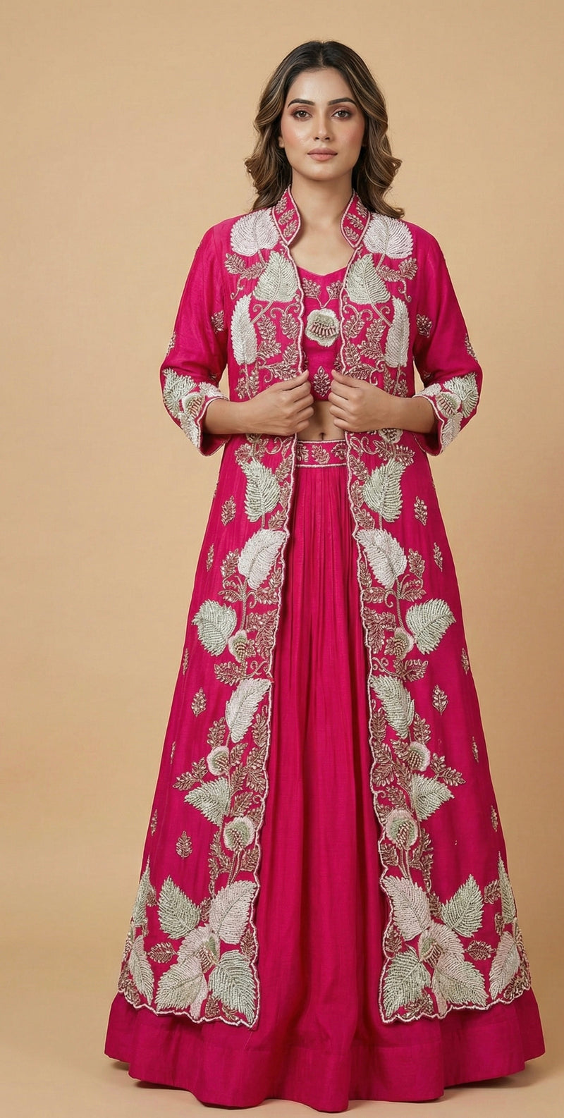 Rani Pink Hand Embroidered Jacket Style Indo-western Set