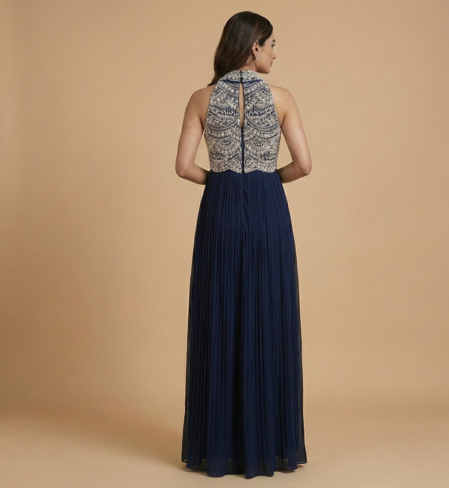 Navy Blue Embellished Halter Neck Gown