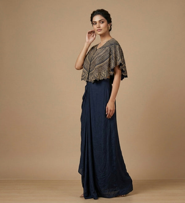 Navy Blue Hand Embroidered Cape Top with Draped Skirt Set
