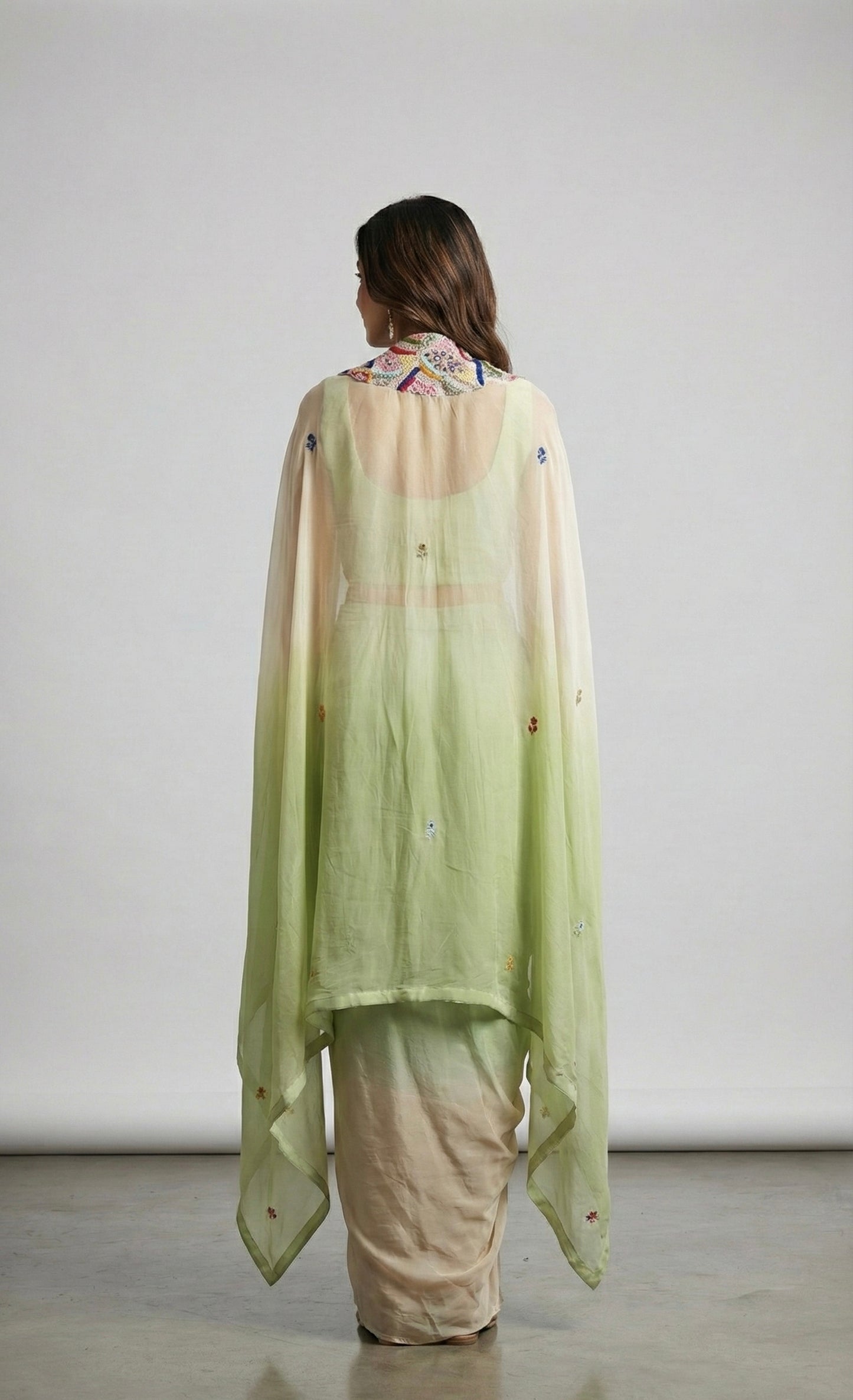 Mint Green Hand Embroidered Draped Skirt with Crop Top & Cape