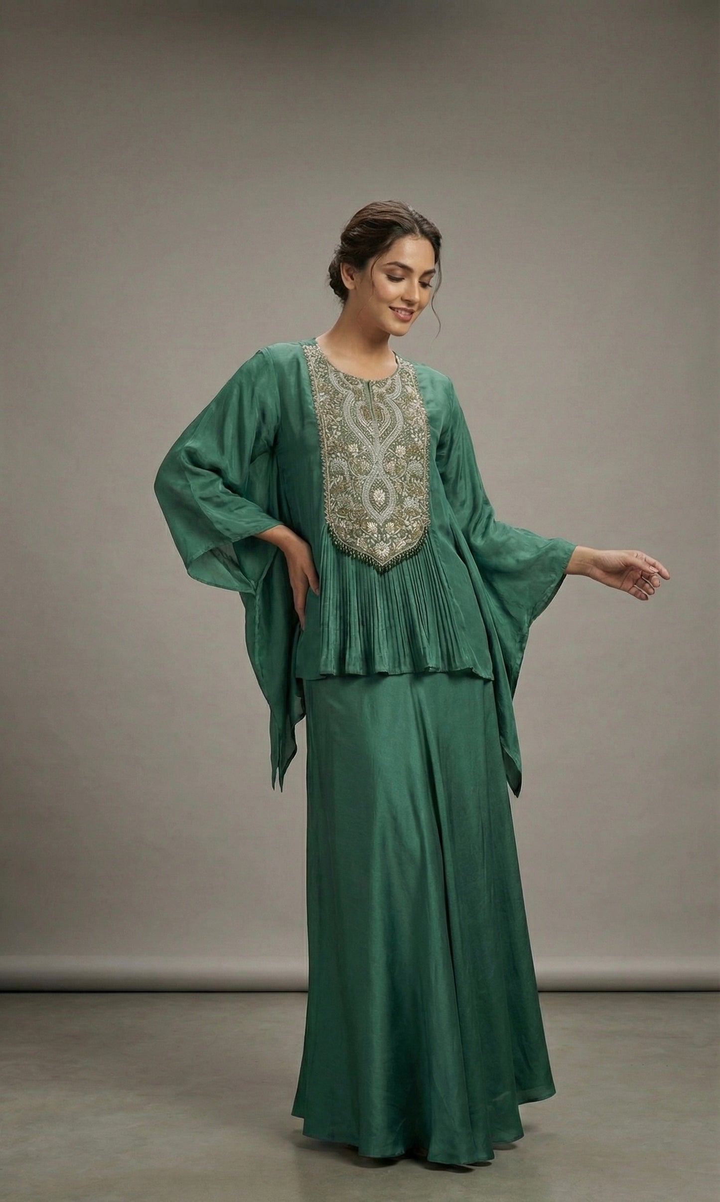 Emerald Green Hand Embroidered Kaftan Style Kurta Palazzo Set
