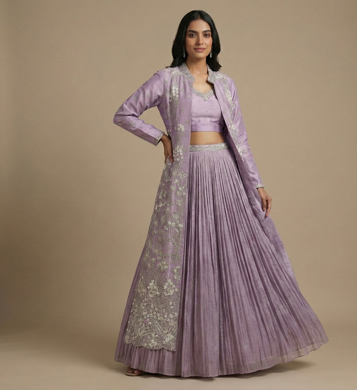 Lavender Hand Embroidered Jacket Style Indo-Western Sets
