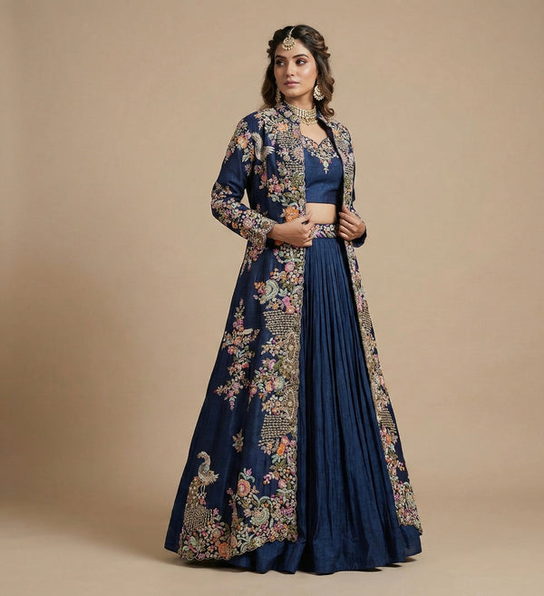 Navy Blue Floral Hand Embroidered Lehenga Set with Jacket