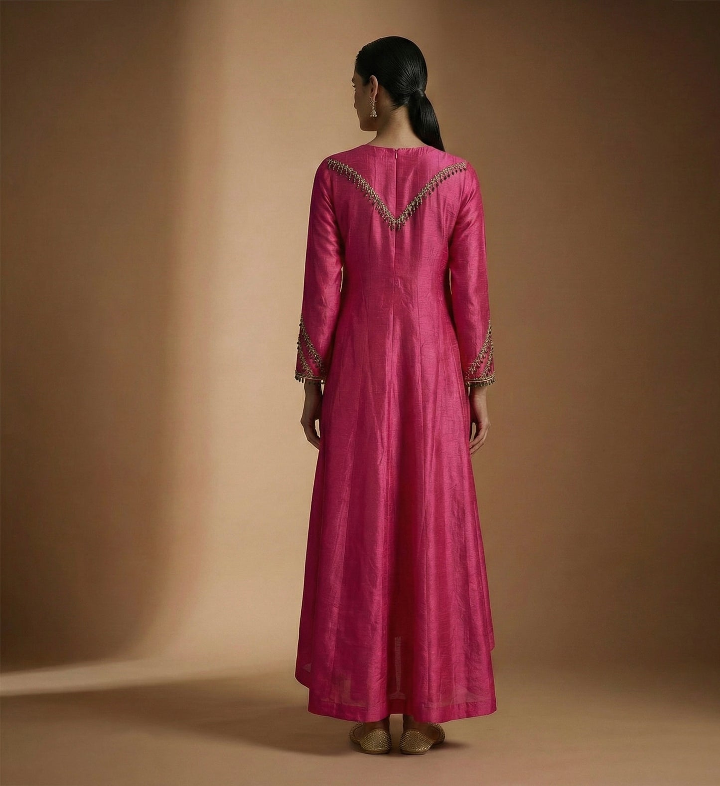 Pink Long Anarkali with Detailed Neck Hand Embroidery