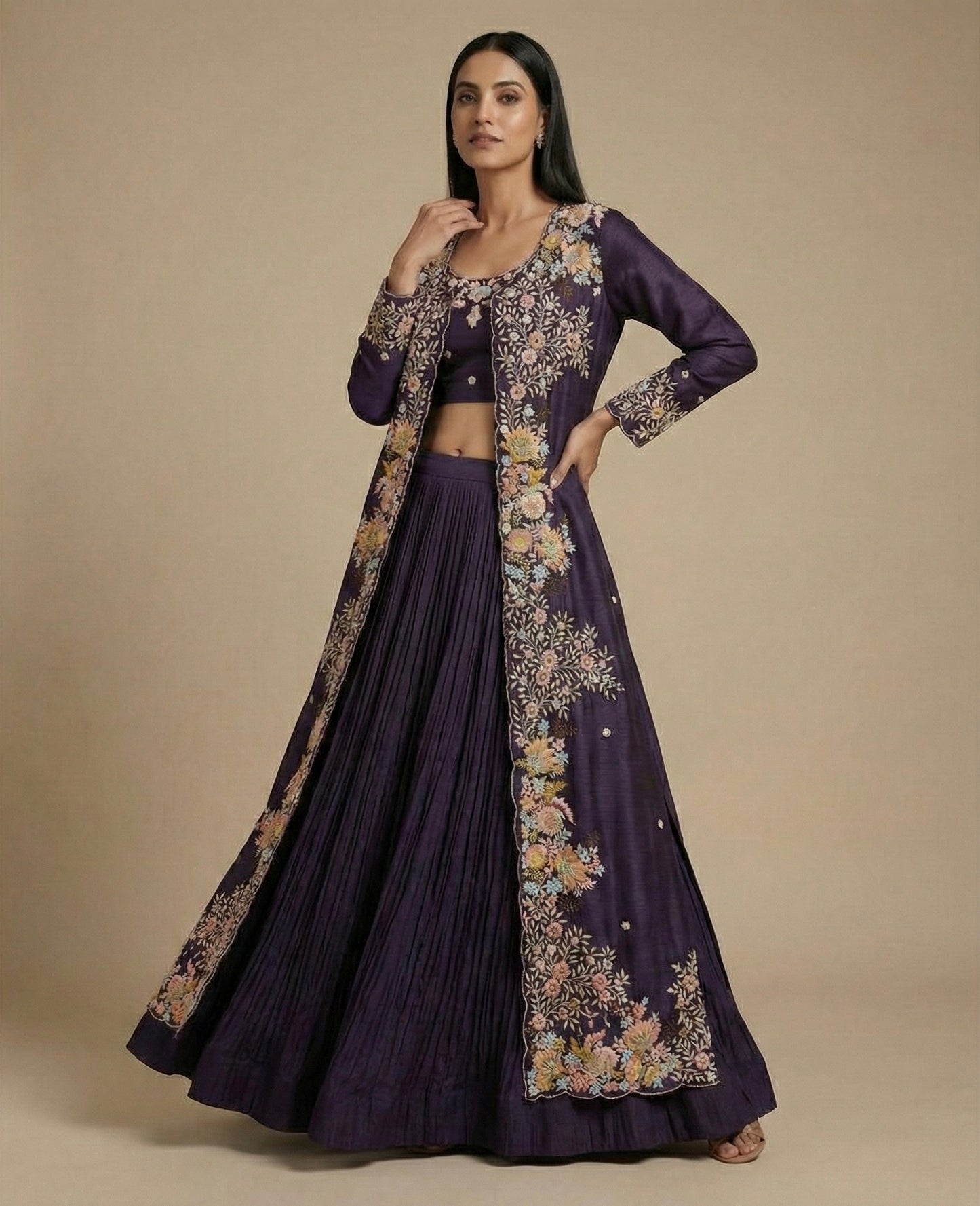Royal Purple Hand Embroidered Jacket Indo-western Set