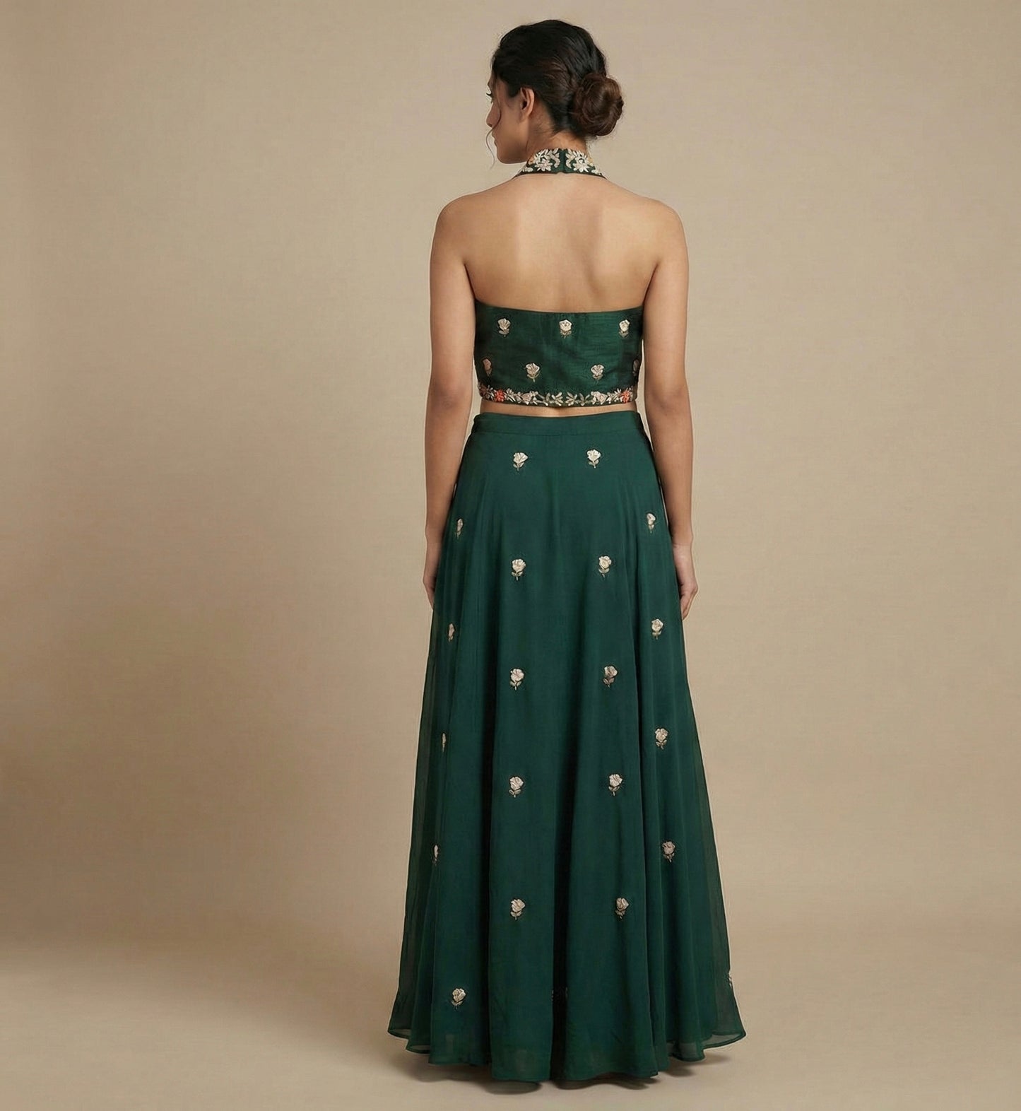 Green Hand Embroidered Halter Neck Crop Top Palazzo Set