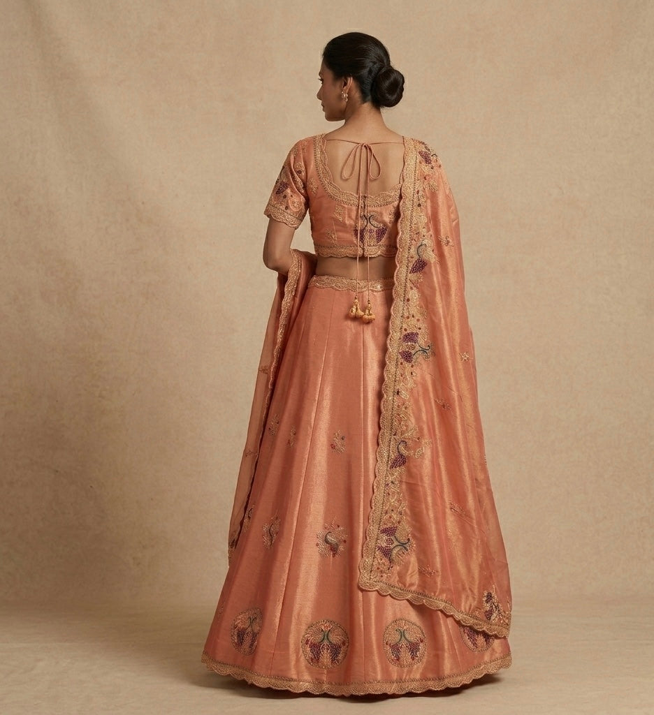 Peach Hand Embroidered Bridal Lehenga with Blouse & Dupatta