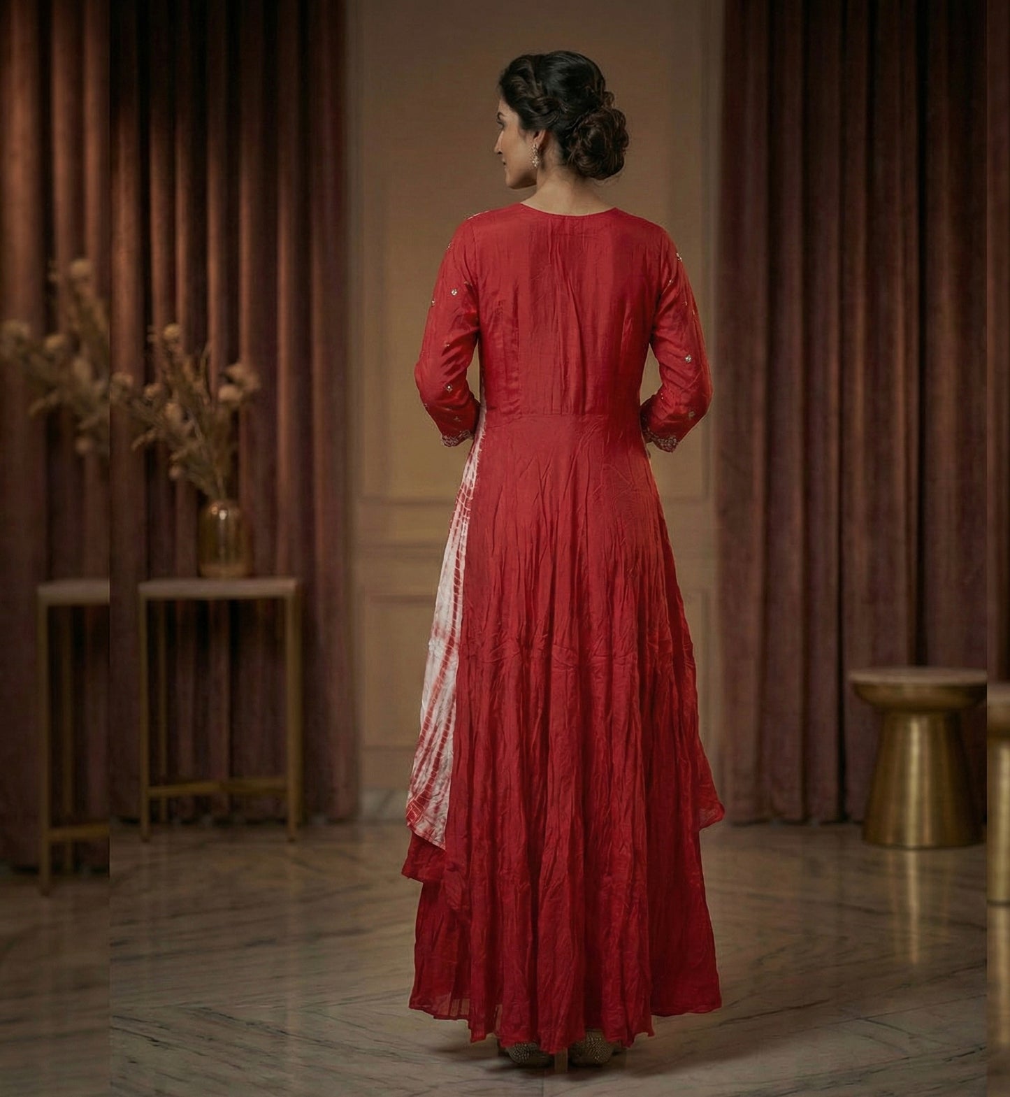 Festive Red Hand Embroidered Indo-western kurti with Flared Skirt