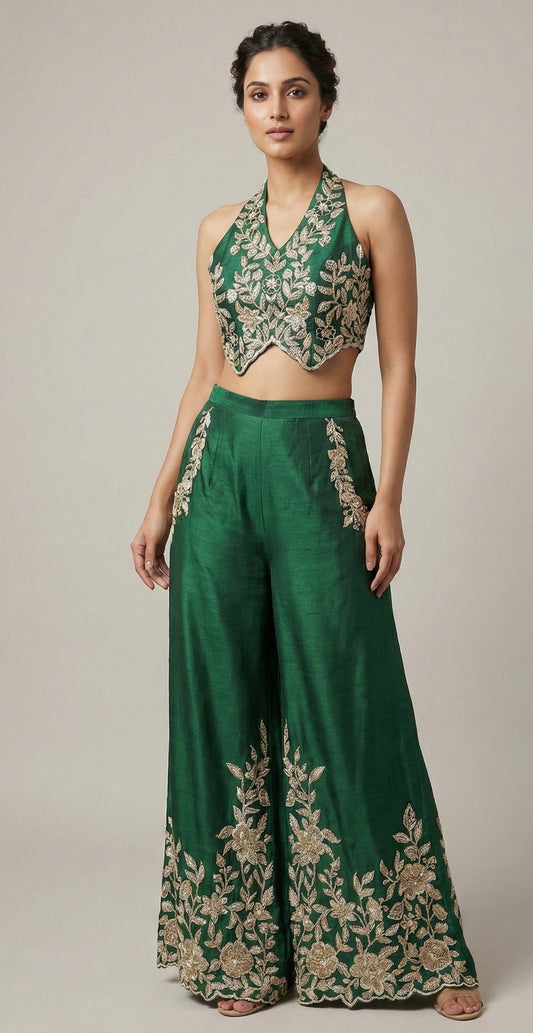 Emerald Green Embroidered Halter Neck Co-Ord Set