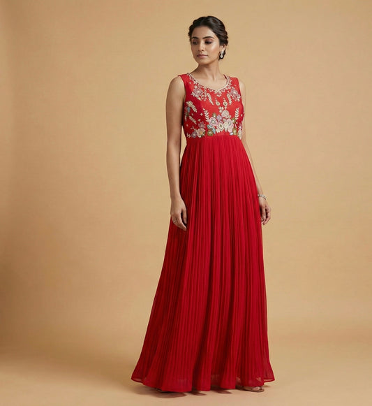 Red Hand Embroidered Sleeveless Anarkali Gown