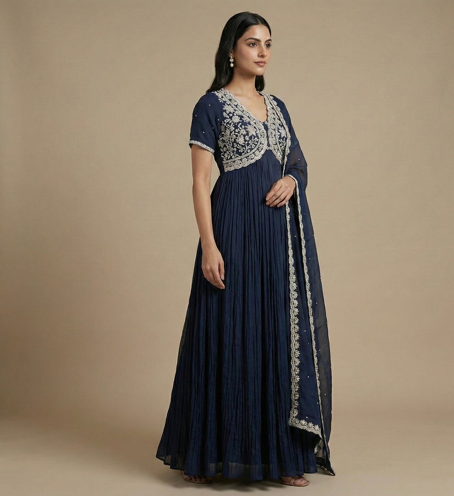 Navy Blue Hand Embroidered Anarkali Gown with Dupatta