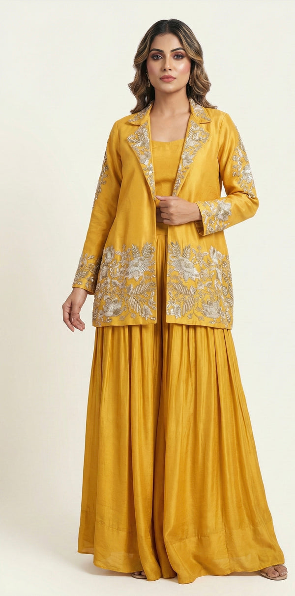 Mustard Yellow Hand-Embroidered Jacket Sharara Set
