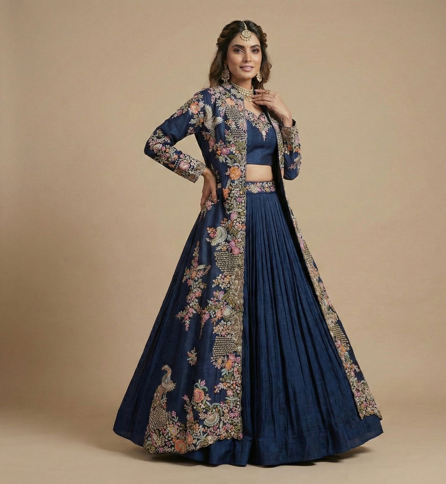 Navy Blue Floral Hand Embroidered Lehenga Set with Jacket