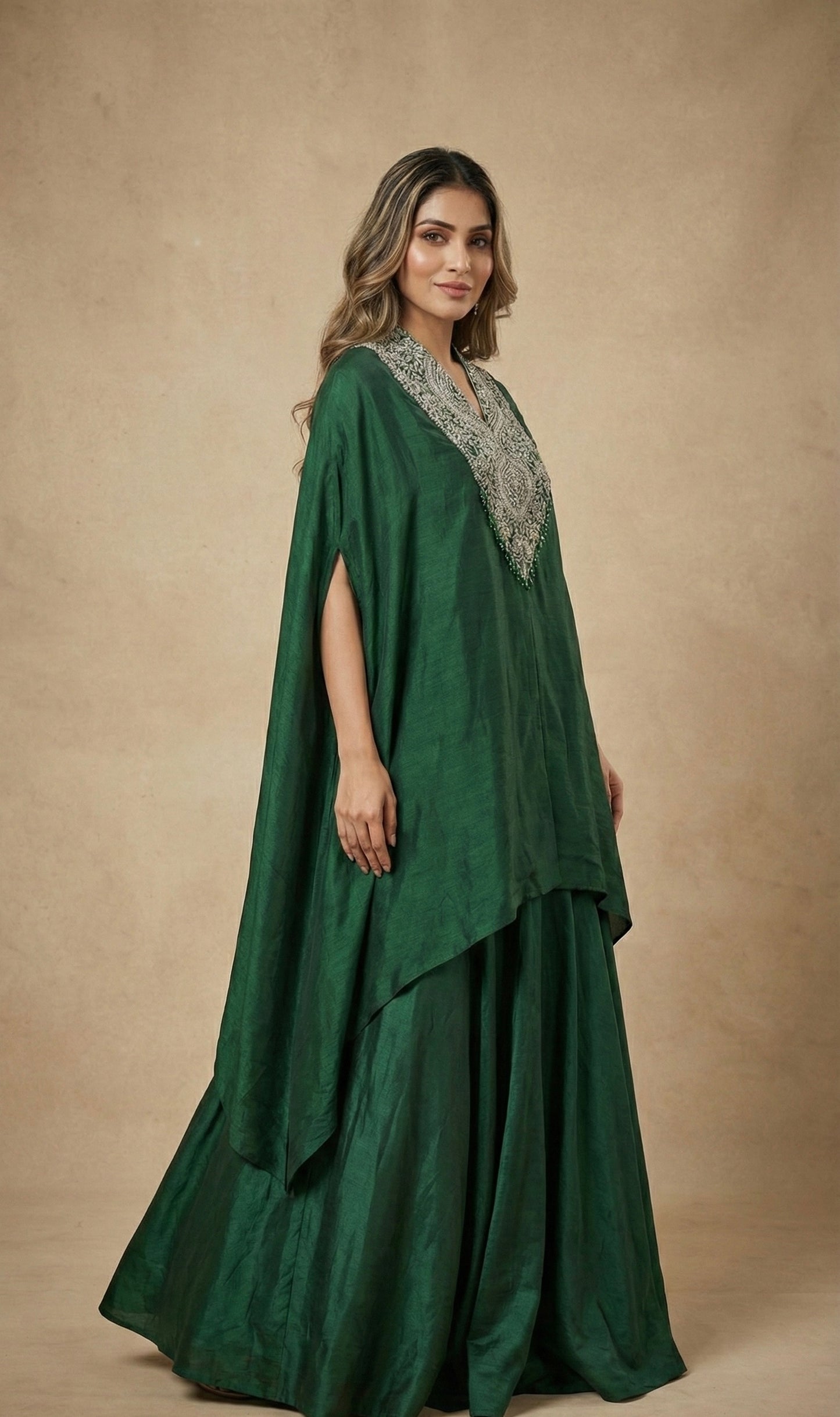 Emerald Green Hand Embroidered Kaftan with Flared Palazzo Set