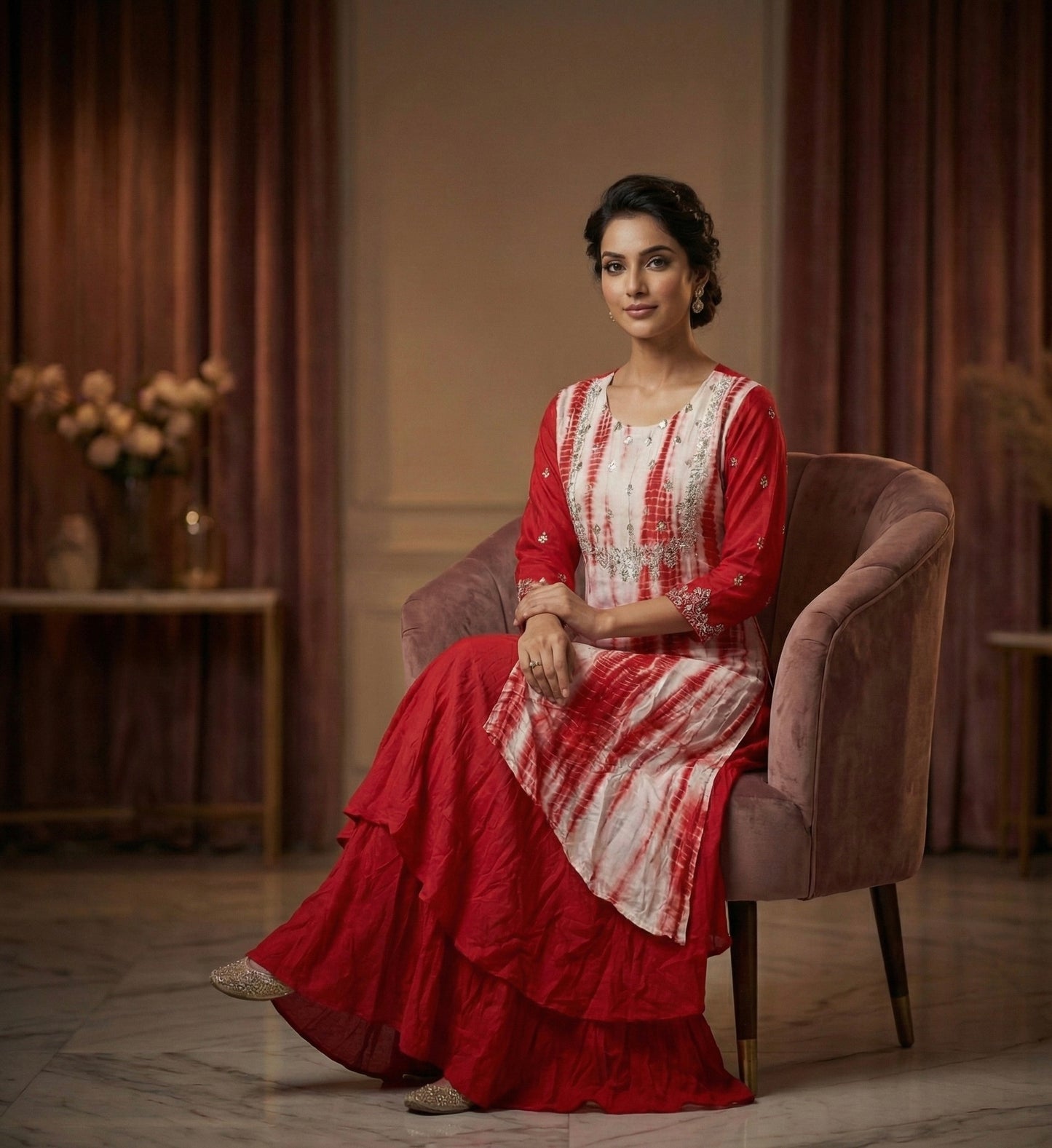Festive Red Hand Embroidered Indo-western kurti with Flared Skirt