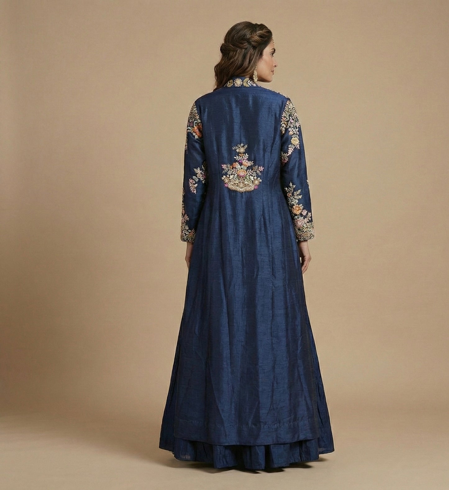 Navy Blue Floral Hand Embroidered Lehenga Set with Jacket