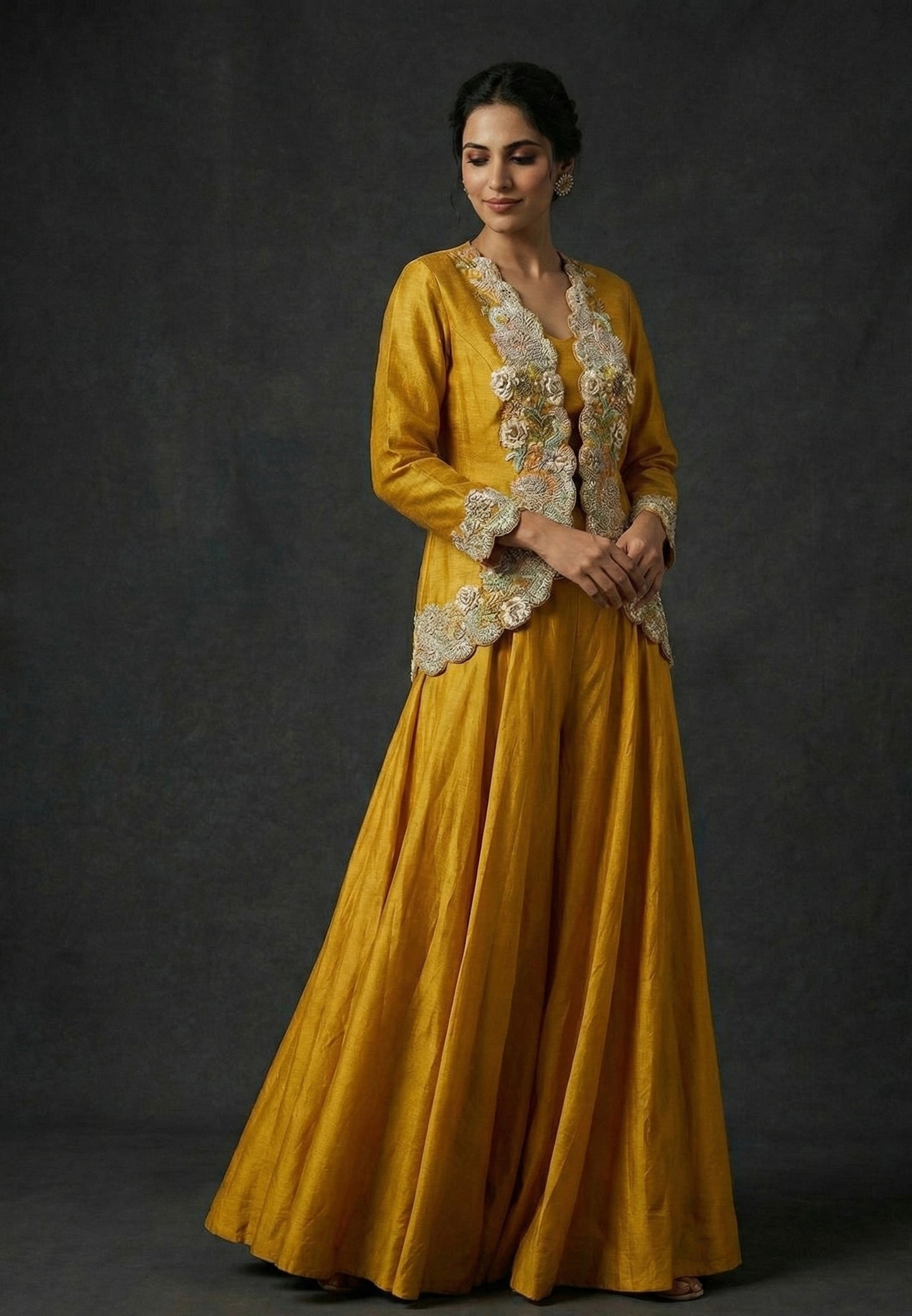 Mustard Silk Anarkali Set with Hand-Embroidered Jacket