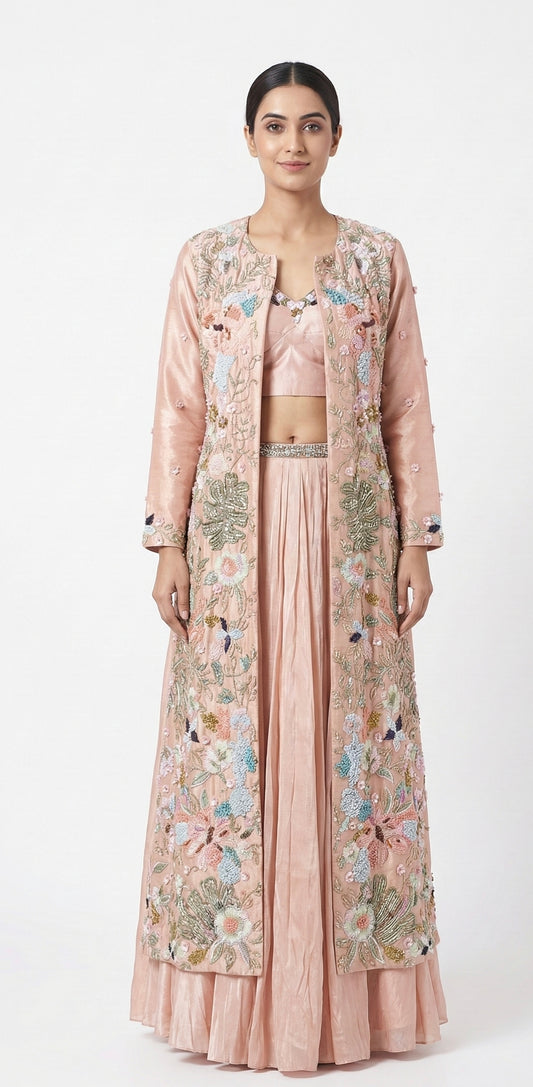 Blush Pink Embroidered Long Jacket Lehenga Set